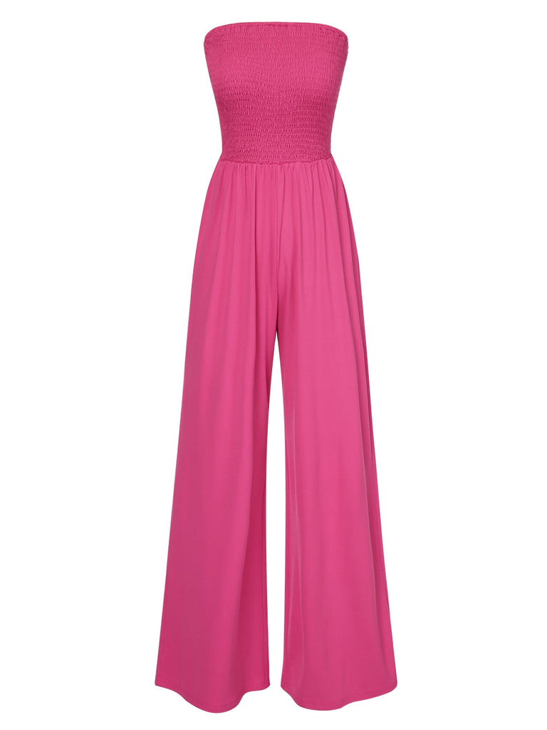 1970er Solide Ärmellos Gesmokt Bandeau Jumpsuit