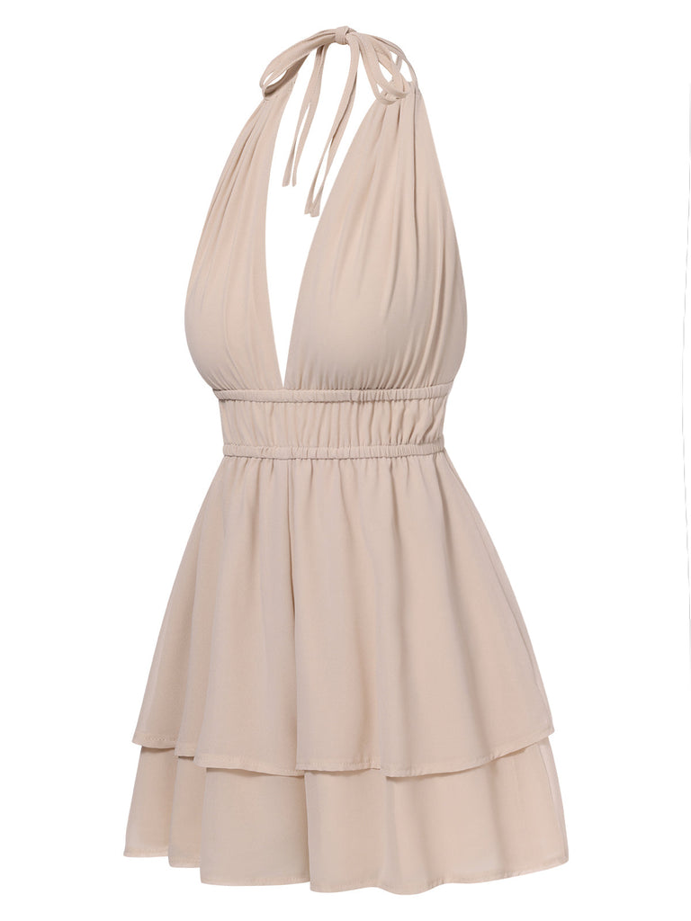 Beige 1950er Halter Tief V-Ausschnitt Rückenfrei Romper