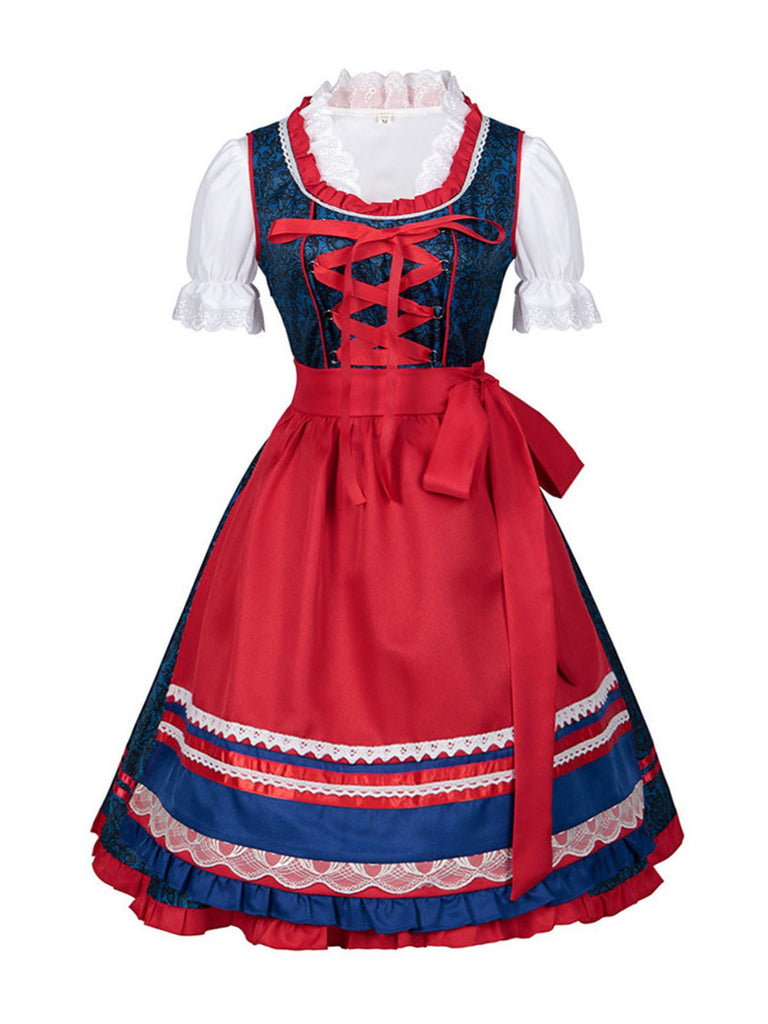 2PCS Blau 1950er Oktoberfest Bayerischer Karneval Kleid & Rot Schürze