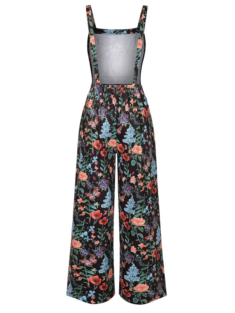 Multicolor 1930er Blumen Quadratischer Hals Träger Jumpsuit