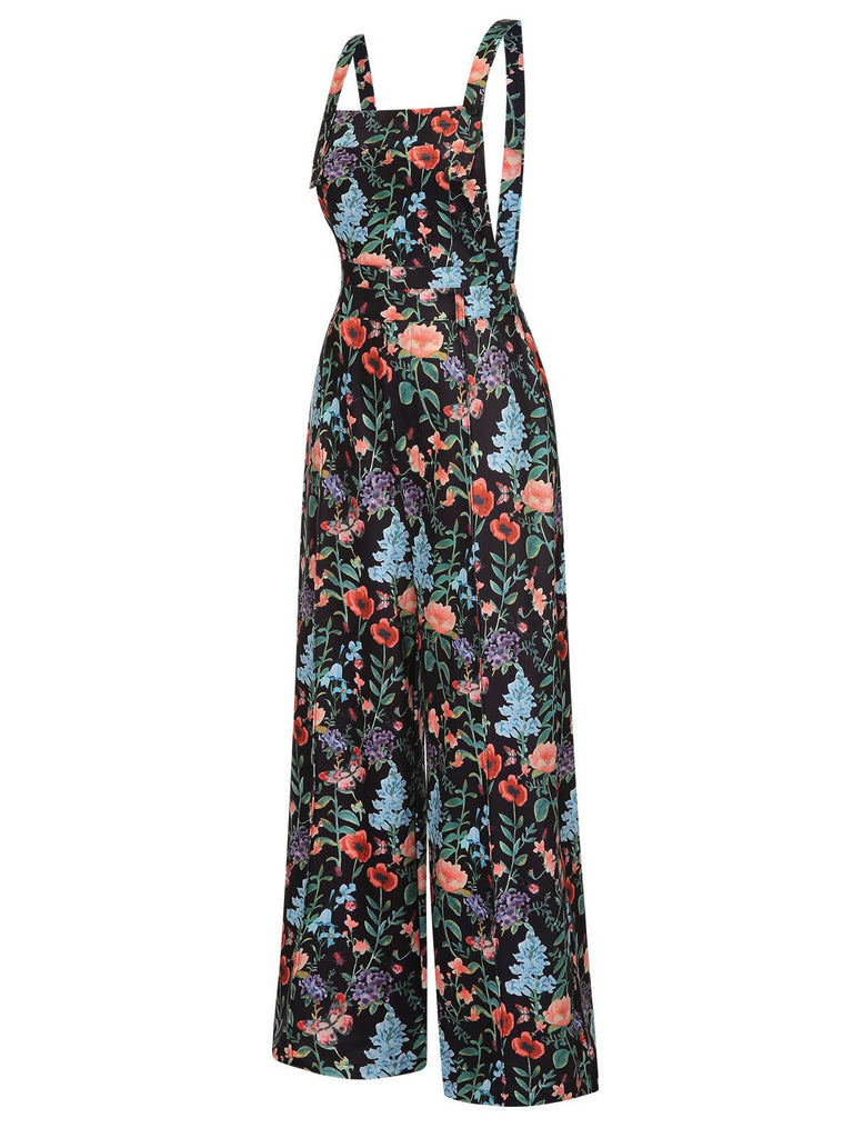 Multicolor 1930er Blumen Quadratischer Hals Träger Jumpsuit