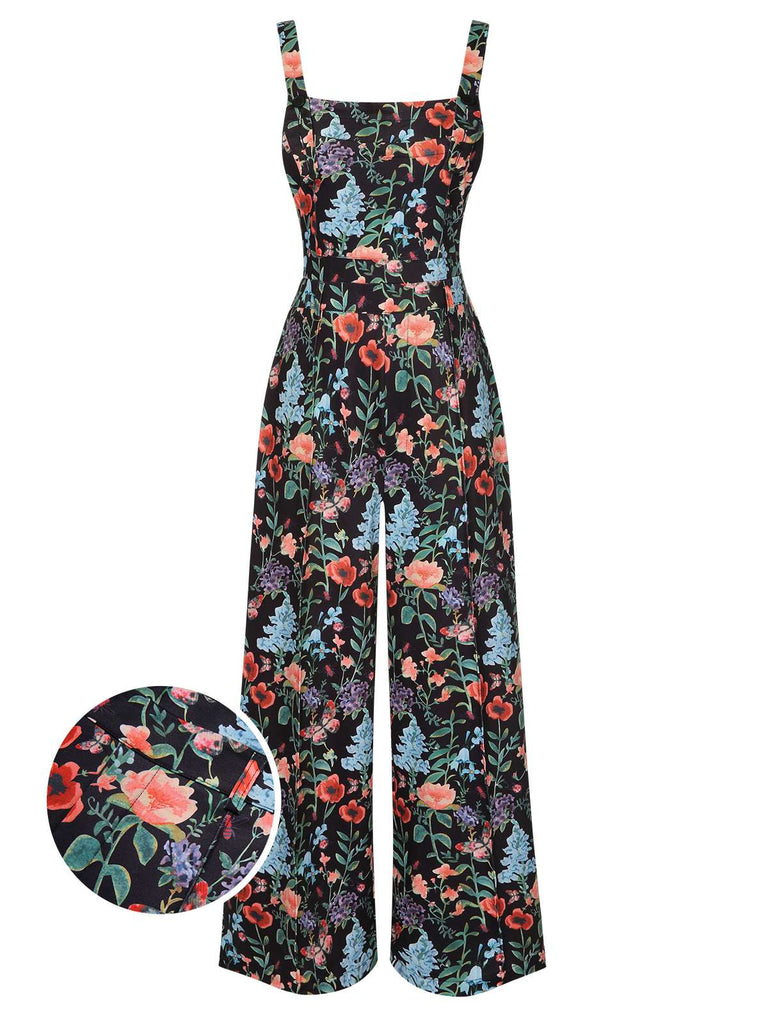 Multicolor 1930er Blumen Quadratischer Hals Träger Jumpsuit