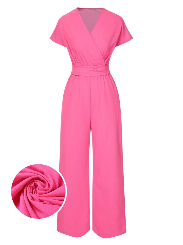 1960er V-Ausschnitt Solide Jumpsuit mit Gürtel