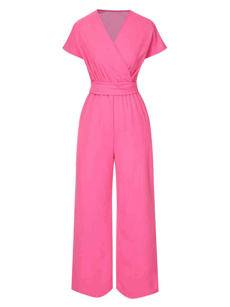 1960er V-Ausschnitt Solide Jumpsuit mit Gürtel