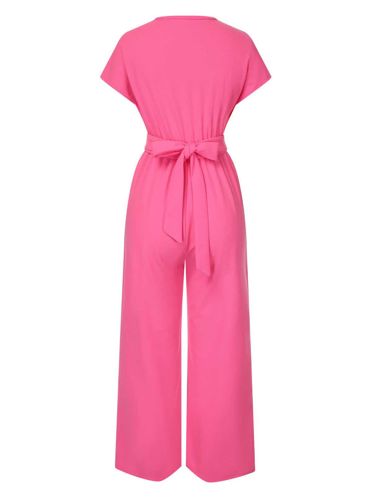 1960er V-Ausschnitt Solide Jumpsuit mit Gürtel