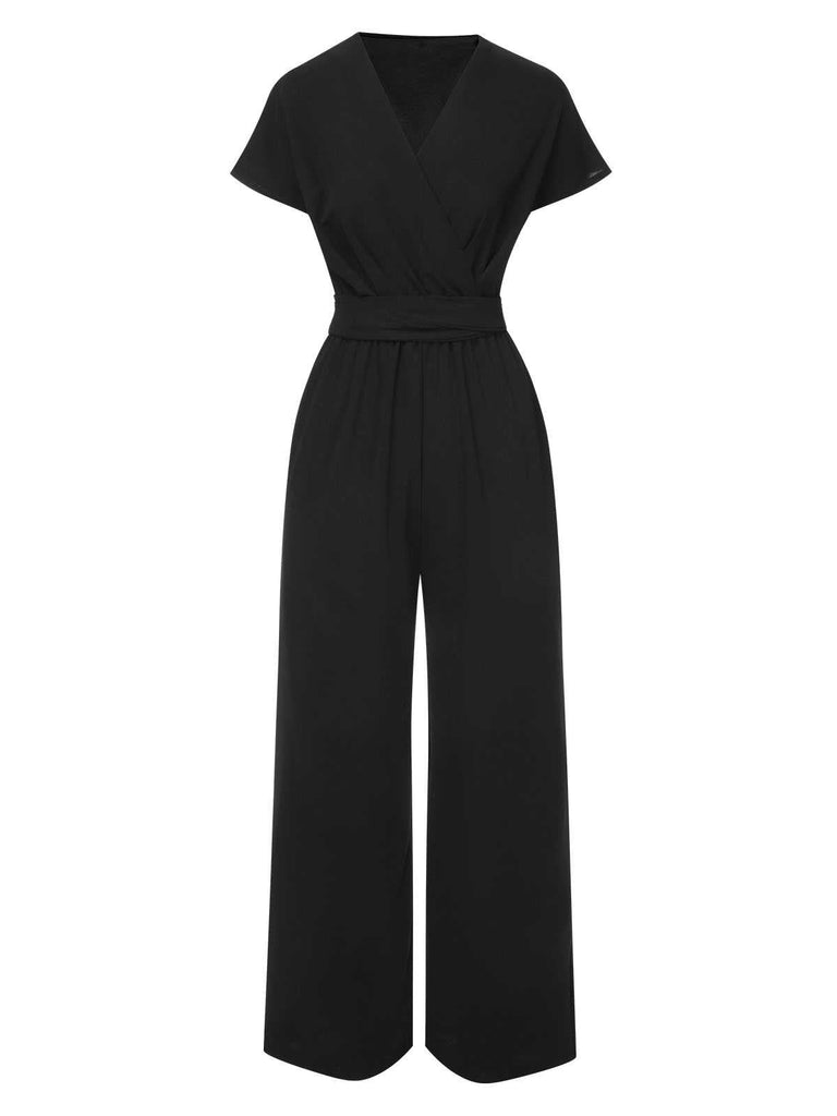 1960er V-Ausschnitt Solide Jumpsuit mit Gürtel