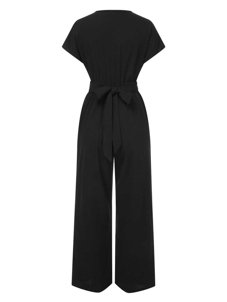 1960er V-Ausschnitt Solide Jumpsuit mit Gürtel