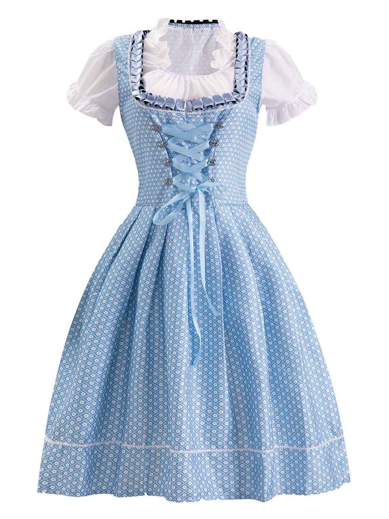 2PCS Blau 1950er Oktoberfest Spitze Patchwork Kleid Set