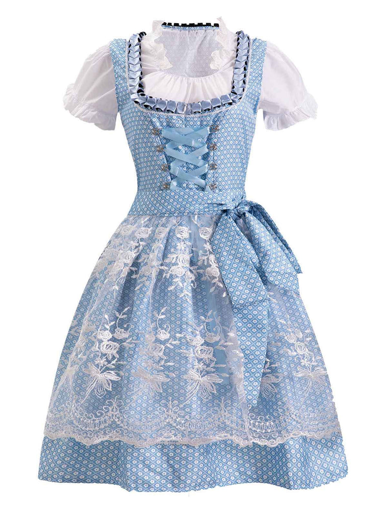 2PCS Blau 1950er Oktoberfest Spitze Patchwork Kleid Set