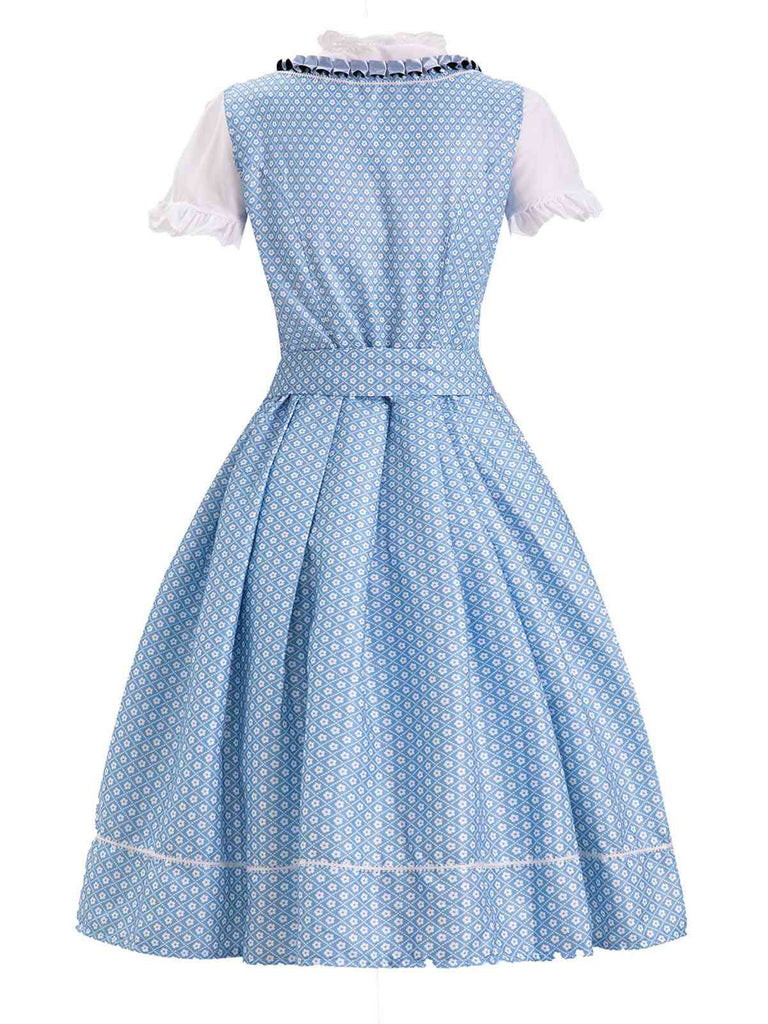 2PCS Blau 1950er Oktoberfest Spitze Patchwork Kleid Set