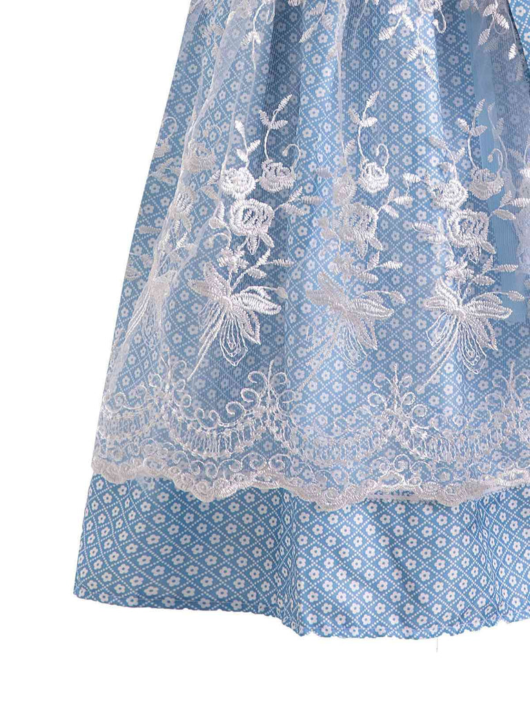 2PCS Blau 1950er Oktoberfest Spitze Patchwork Kleid Set