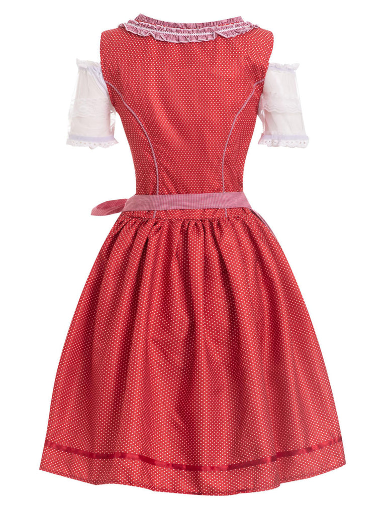 Rot 1950er Spitze Puffärmel Patchwork Kleid & Gingham Schürze