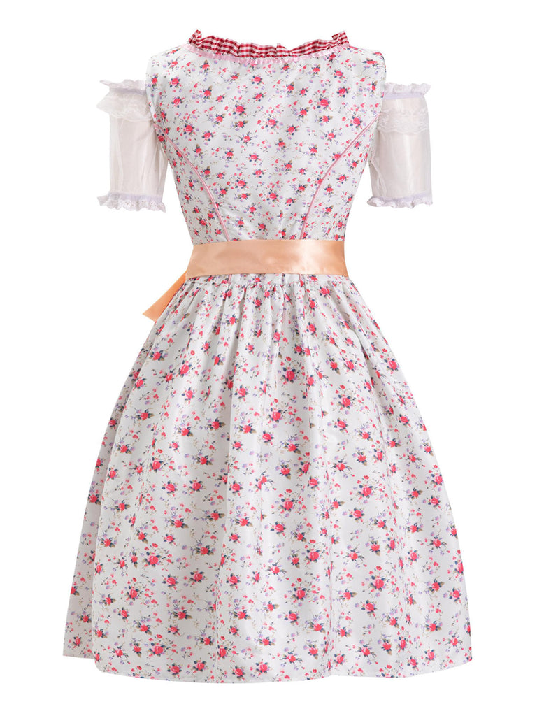 Rosa 1950er Blümchen Spitze Kleid & Gingham Schürze