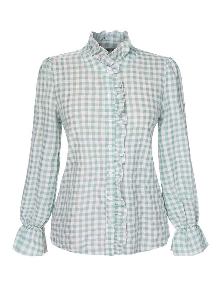 1960er Falten Ausgestellte Manschette Gingham Plaid Bluse