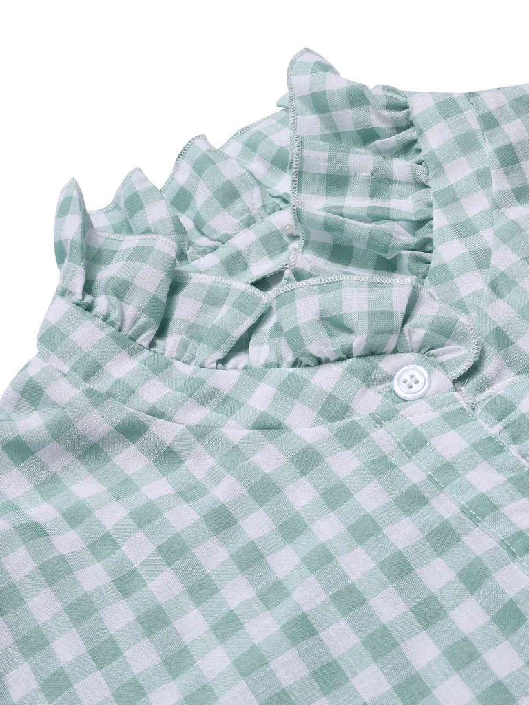 1960er Falten Ausgestellte Manschette Gingham Plaid Bluse