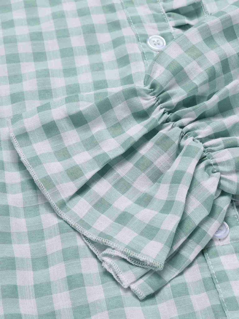 1960er Falten Ausgestellte Manschette Gingham Plaid Bluse