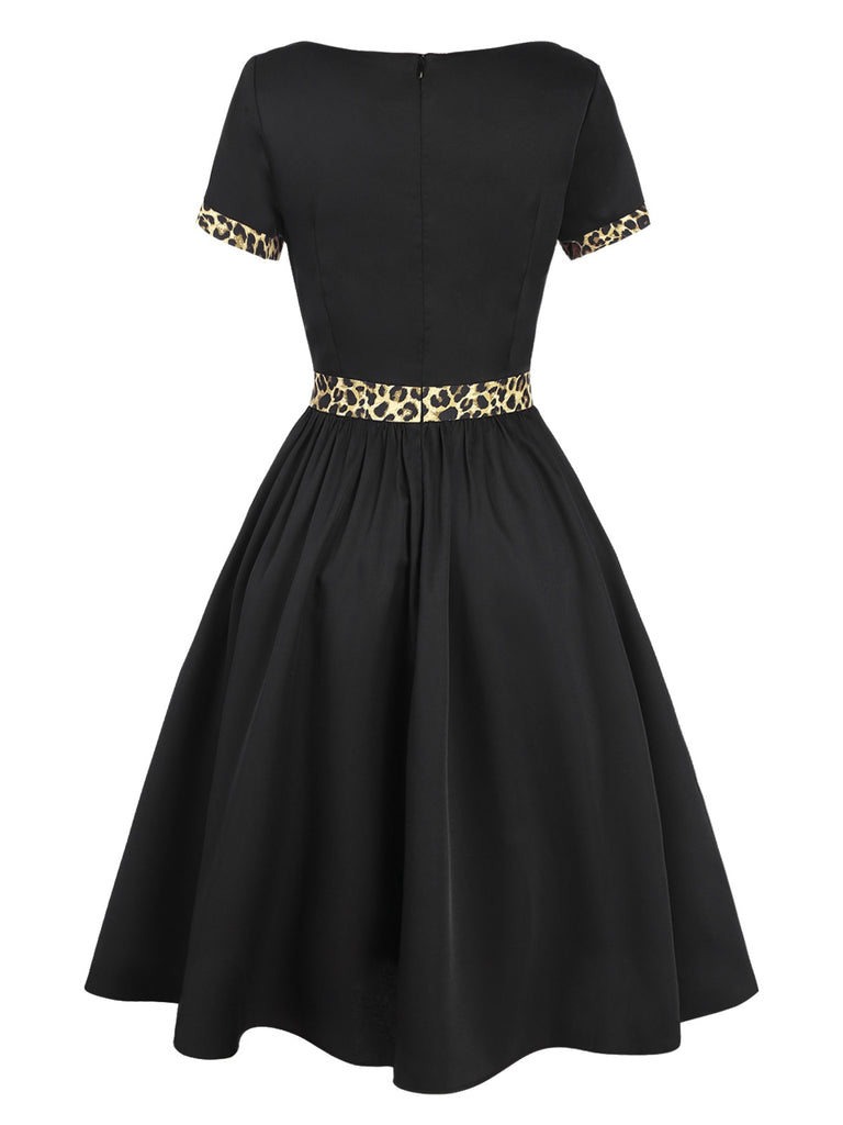 Schwarz 1950er Bootskragen Leopard Patchwork Kleid