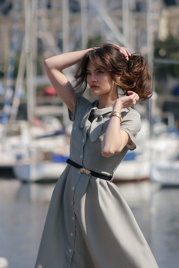 Braun 1940er Kleines Fensterkaro Plaid Kleid