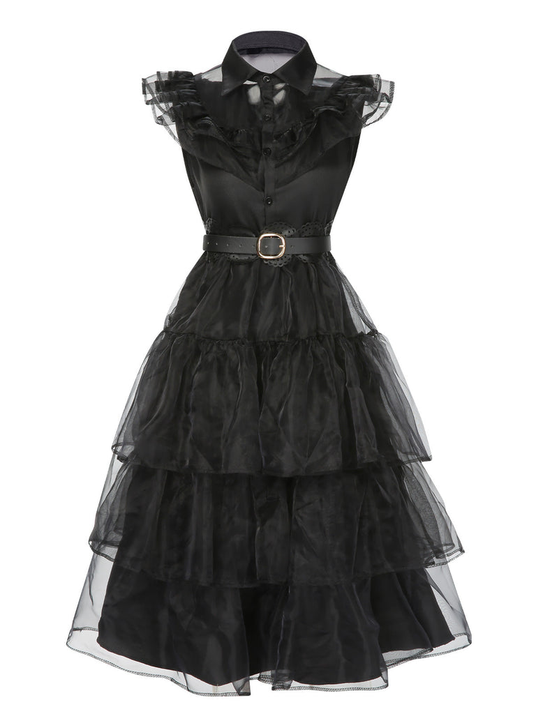 Schwarz 1950er Halloween Spitze Kleid mit Gürtel