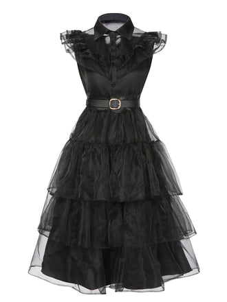 Gothic Wednesday Kostüm Schwarz 1950er Spitze Kleid mit Gürtel