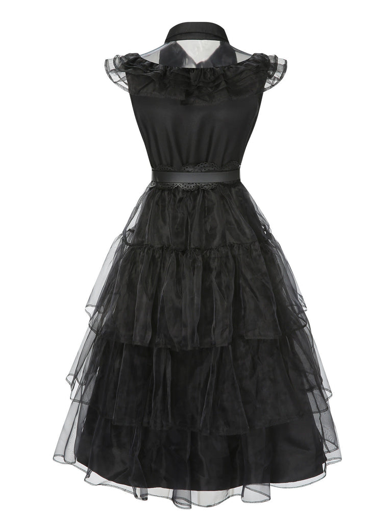 Schwarz 1950er Halloween Spitze Kleid mit Gürtel