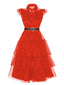 Wednesday Kostüm Rot 1950er Halloween Spitze Kleid mit Gürtel