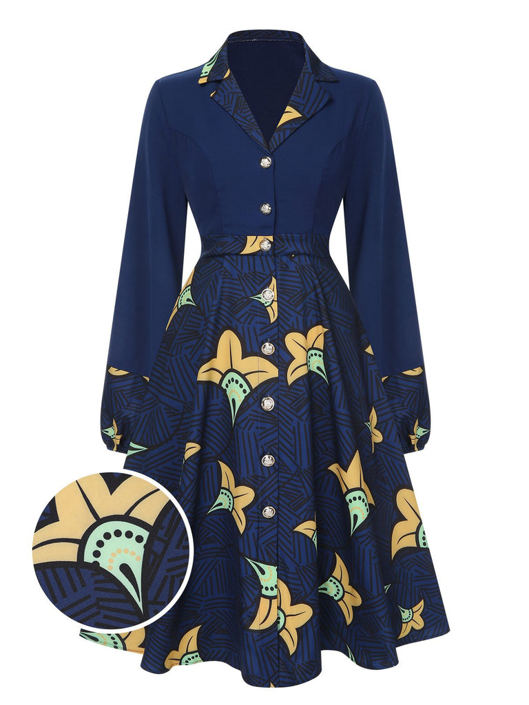 Dunkelblau 1940er Revers Cartoon Blumen Kleid