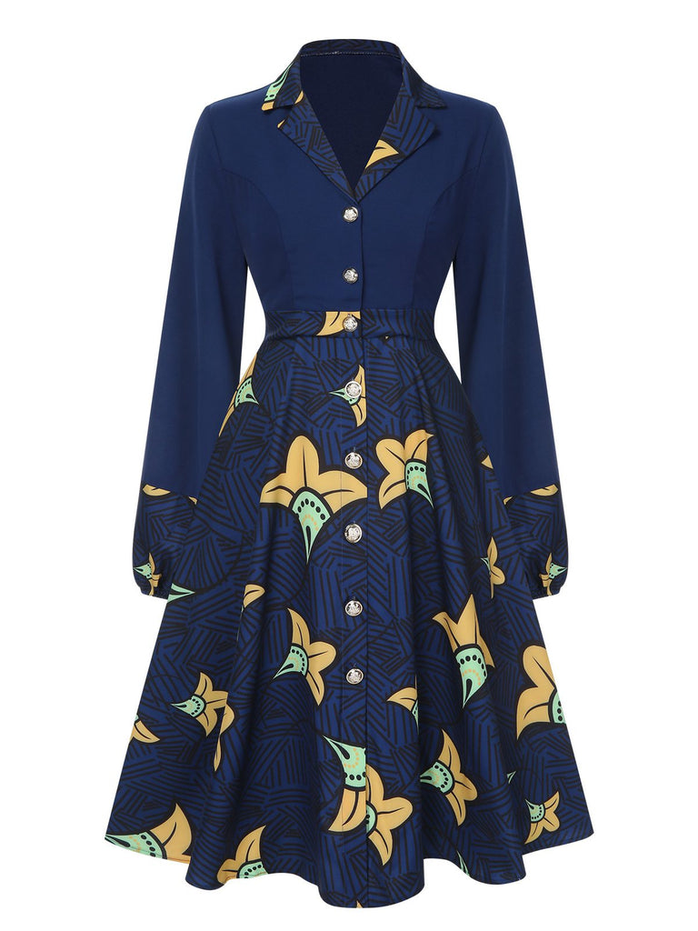 Dunkelblau 1940er Revers Cartoon Blumen Kleid