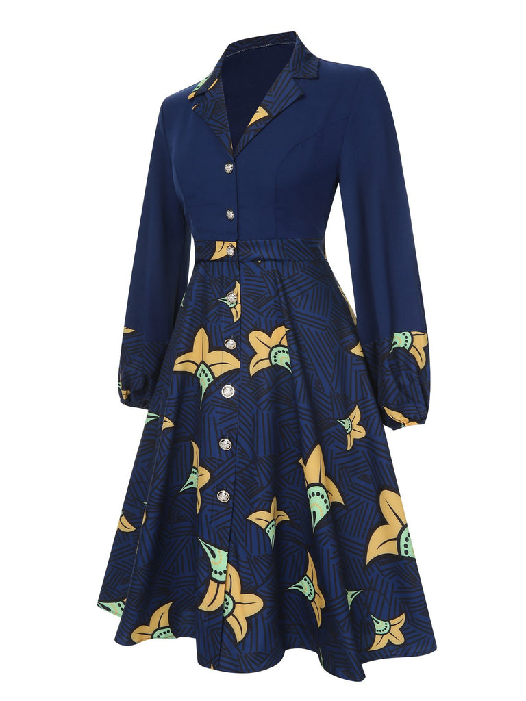 Dunkelblau 1940er Revers Cartoon Blumen Kleid