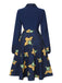 Dunkelblau 1940er Revers Cartoon Blumen Kleid