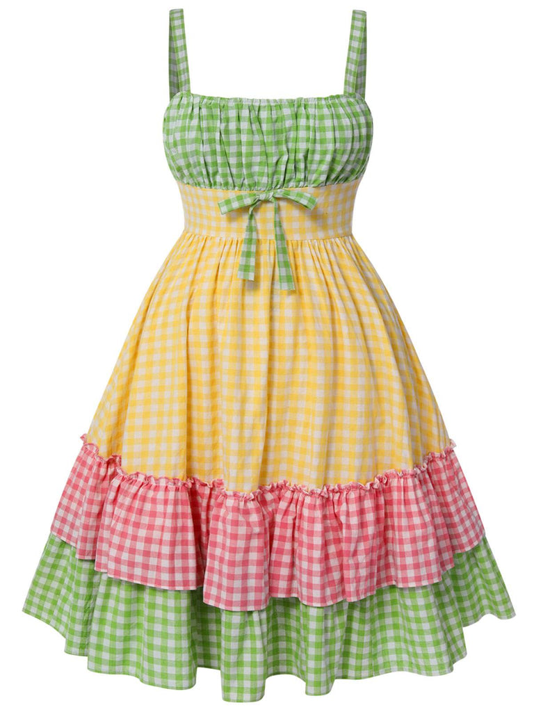 [Übergröße] Multicolor 1950er Spaghetti Träger Plaid Patchwork Kleid