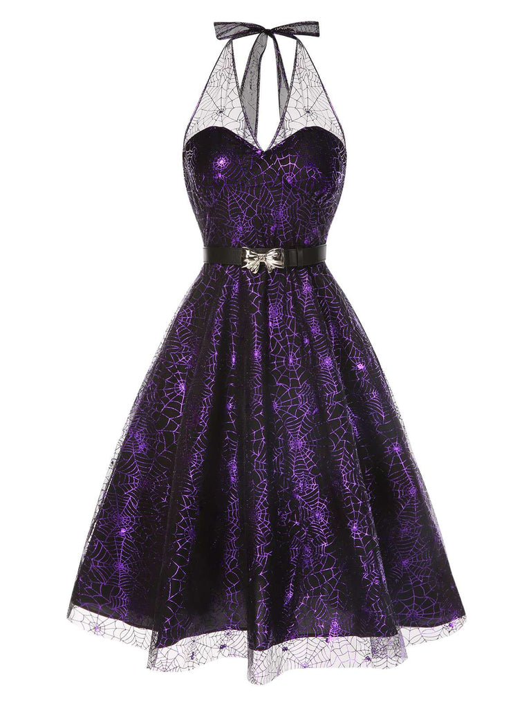 Lila 1950er Halloween Laser Masche Spinnennetz Halter Kleid