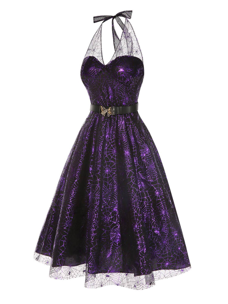 Lila 1950er Halloween Laser Masche Spinnennetz Halter Kleid