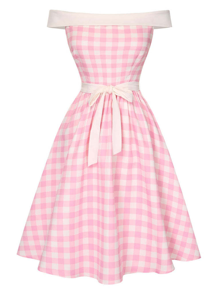 [Vorverkauf] Rosa 1950er Buffalo Check Schulterfrei Kleid