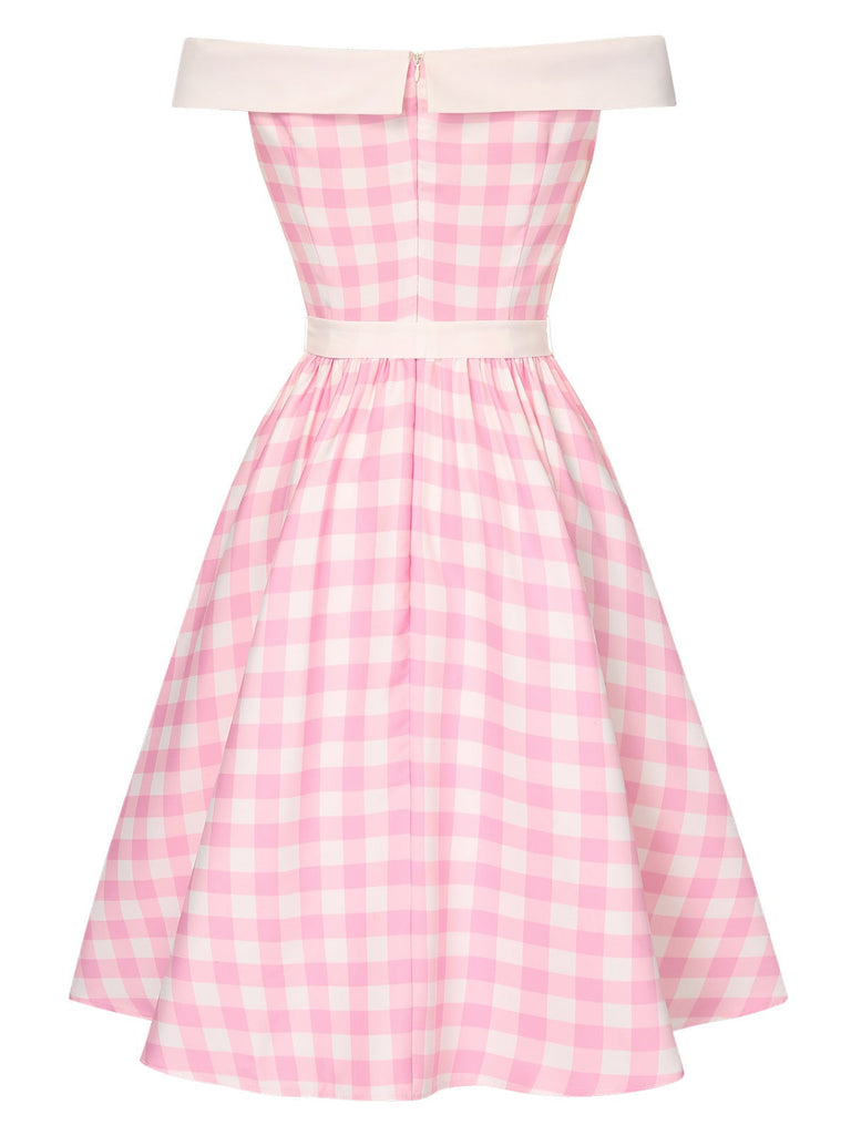 [Vorverkauf] Rosa 1950er Buffalo Check Schulterfrei Kleid