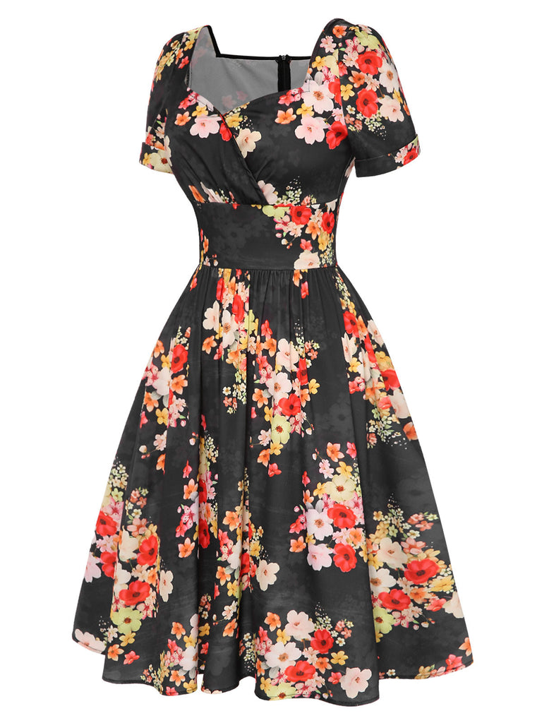 [Vorverkauf] Schwarz 1950er Blume Herzförmiger Hals Kleid