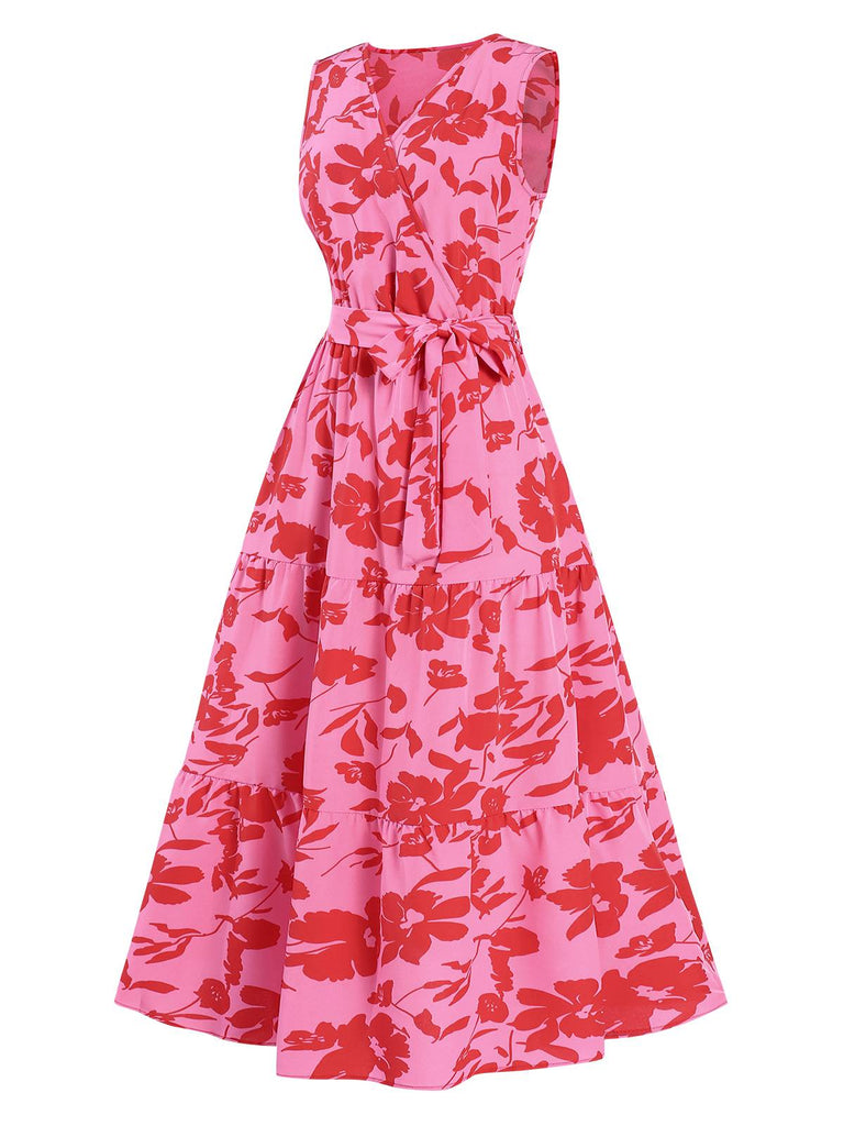 Rosa 1940er Blumen Wickeln Gürtel Kleid