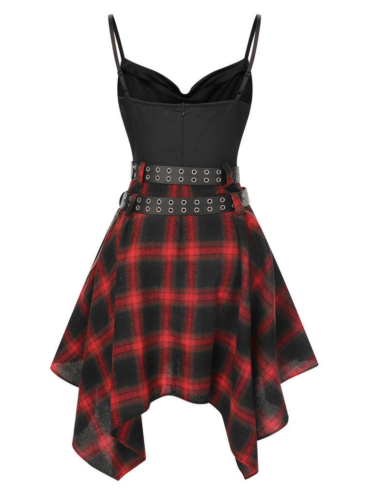 Schwarz 1970er Gingham Plaid Schaukelkragen Kleid