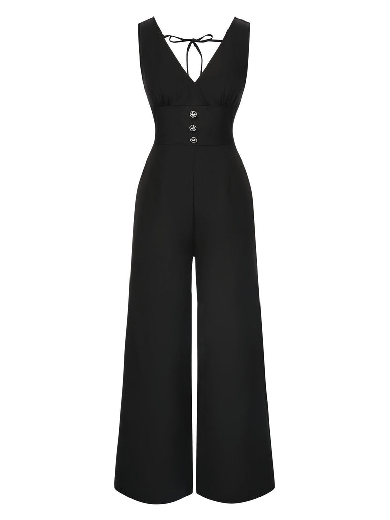 [Vorverkauf] Schwarz 1930er Solide V-Ausschnitt Schmetterling Tasten Jumpsuit