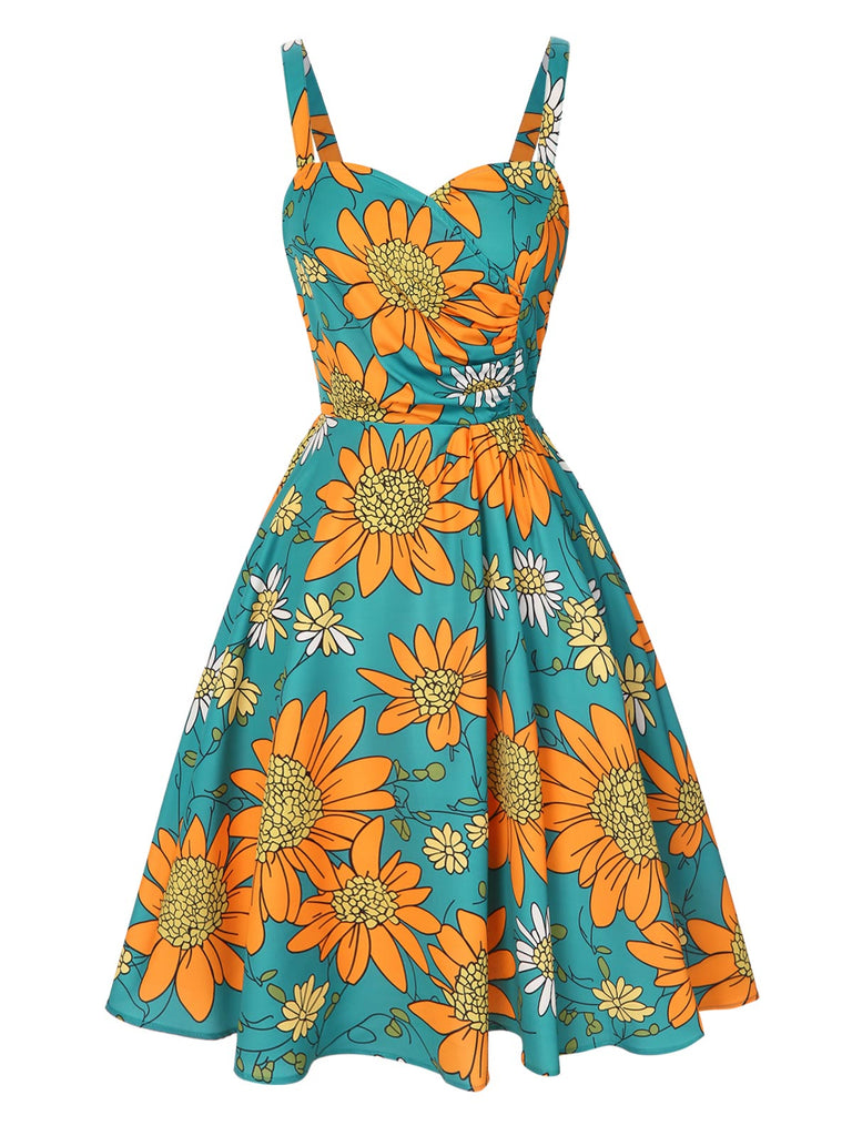 [Vorverkauf] Türkis 1940er Sonnenblume Plissiertes Kleid