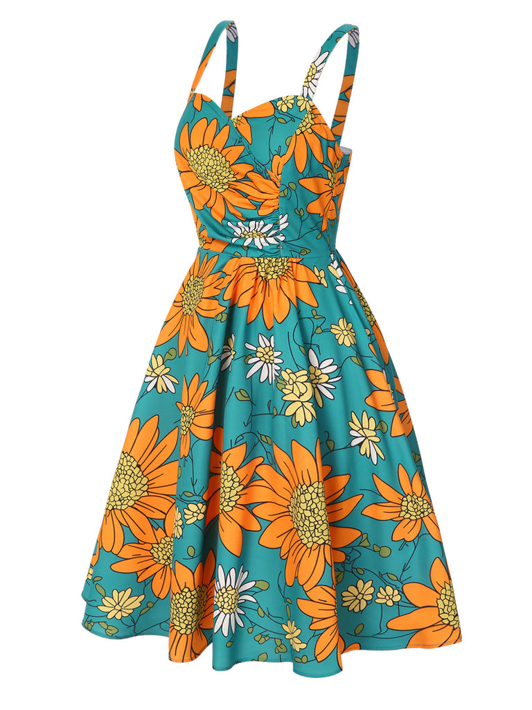 [Vorverkauf] Türkis 1940er Sonnenblume Plissiertes Kleid