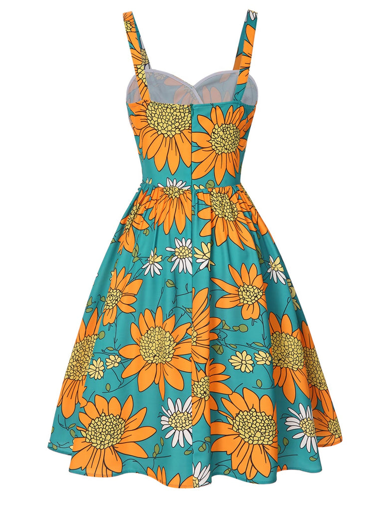 [Vorverkauf] Türkis 1940er Sonnenblume Plissiertes Kleid