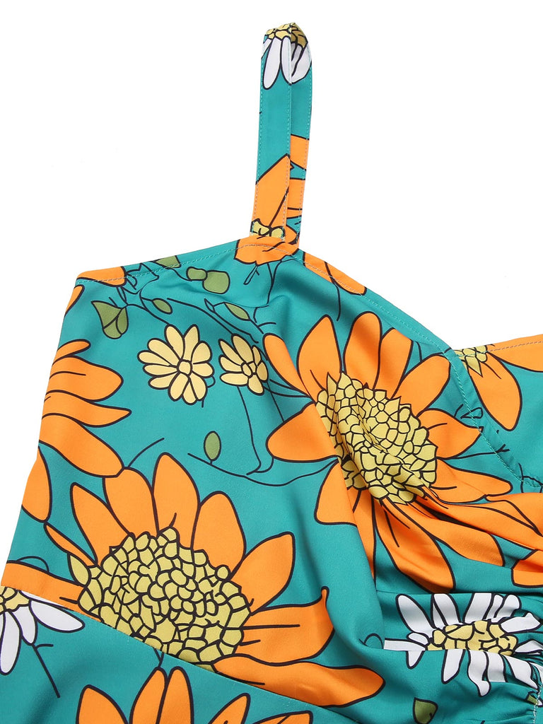 [Vorverkauf] Türkis 1940er Sonnenblume Plissiertes Kleid