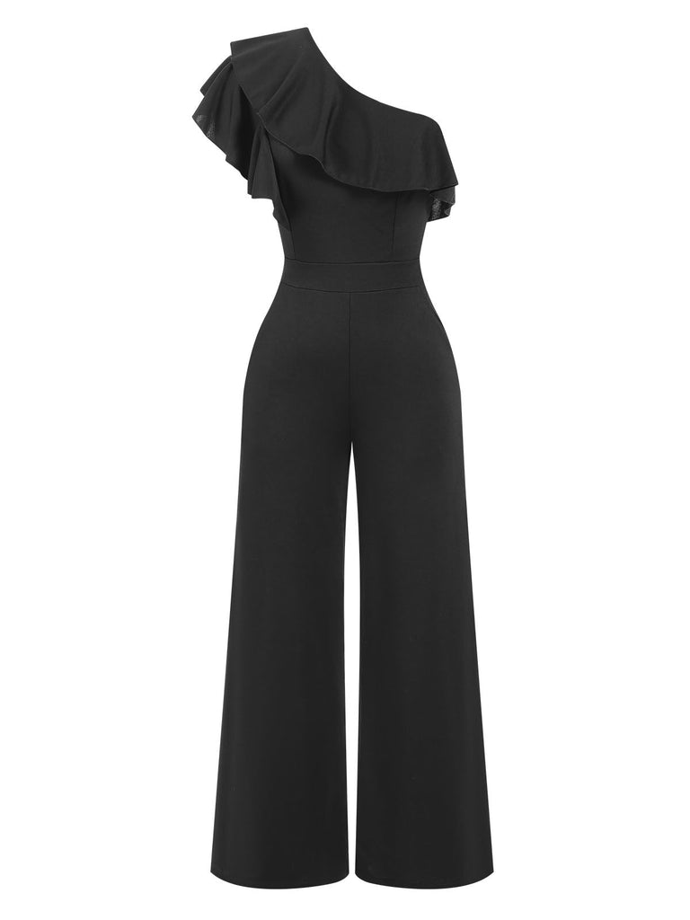 Schwarz 1940er Solide Eine Schulter Jumpsuit