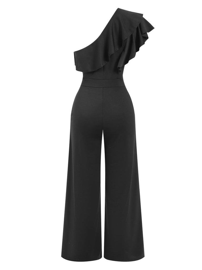 Schwarz 1940er Solide Eine Schulter Jumpsuit