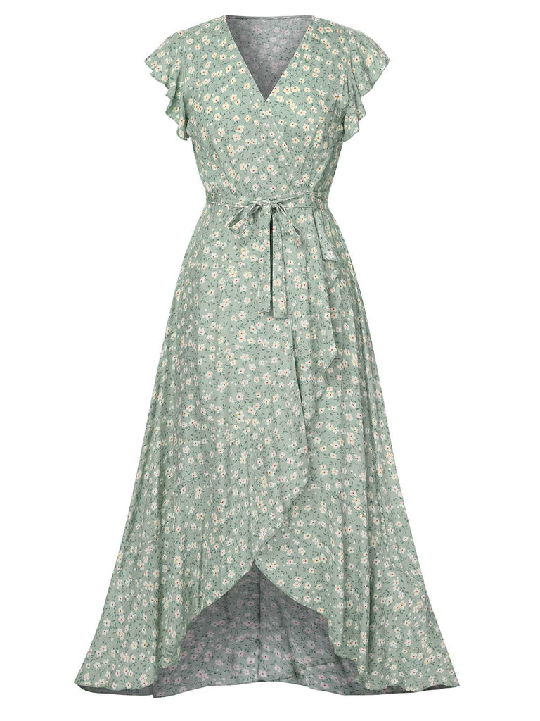 Grün 1940er V-Ausschnitt Blümchen Unregelmäßiger Saum Kleid