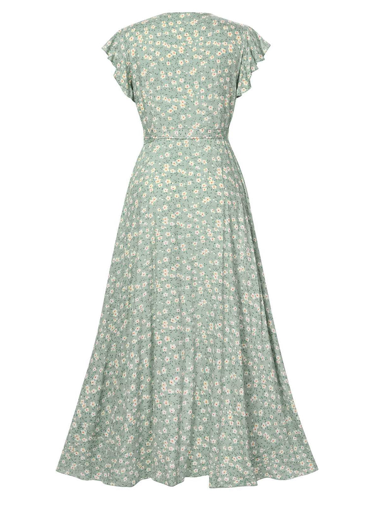 Grün 1940er V-Ausschnitt Blümchen Unregelmäßiger Saum Kleid