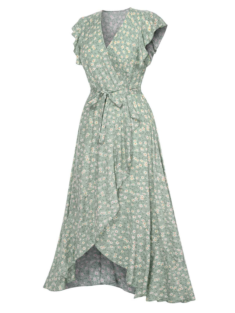 Grün 1940er V-Ausschnitt Blümchen Unregelmäßiger Saum Kleid