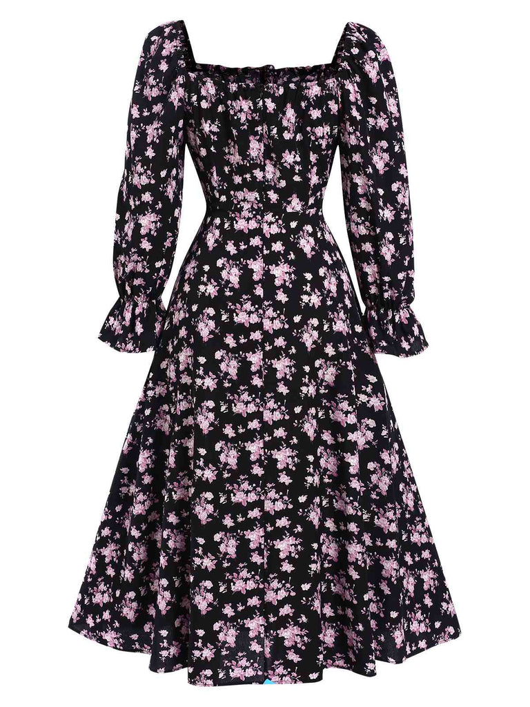 1940er Kordelzug Schlitz Quadratischer Hals Blumen Kleid