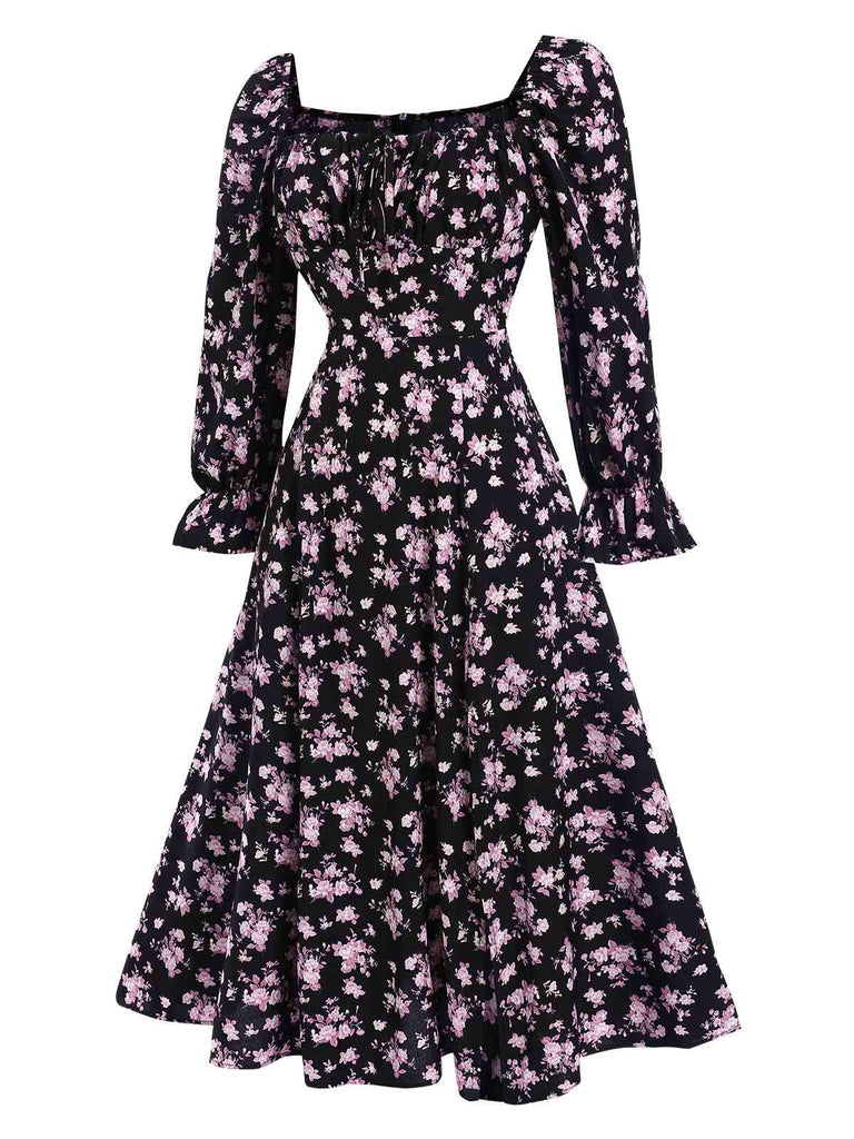 1940er Kordelzug Schlitz Quadratischer Hals Blumen Kleid